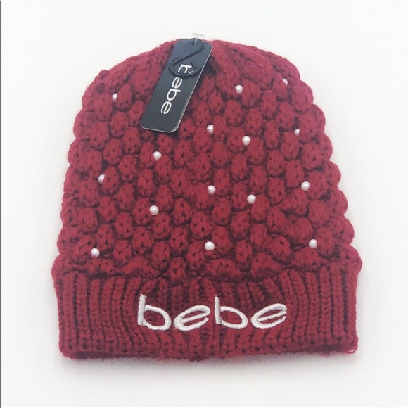 bebe Red Knit Logo Beanie With Faux Pearl Accents - Picture 5 of 6
